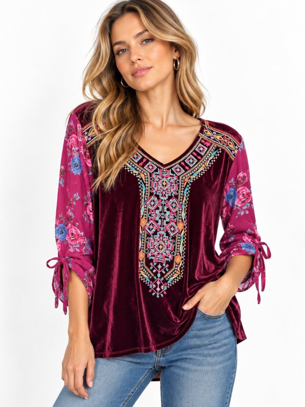 Calessa Womens Velvet Top Large Burgundy Embroidered Floral Boho Whimsigoth